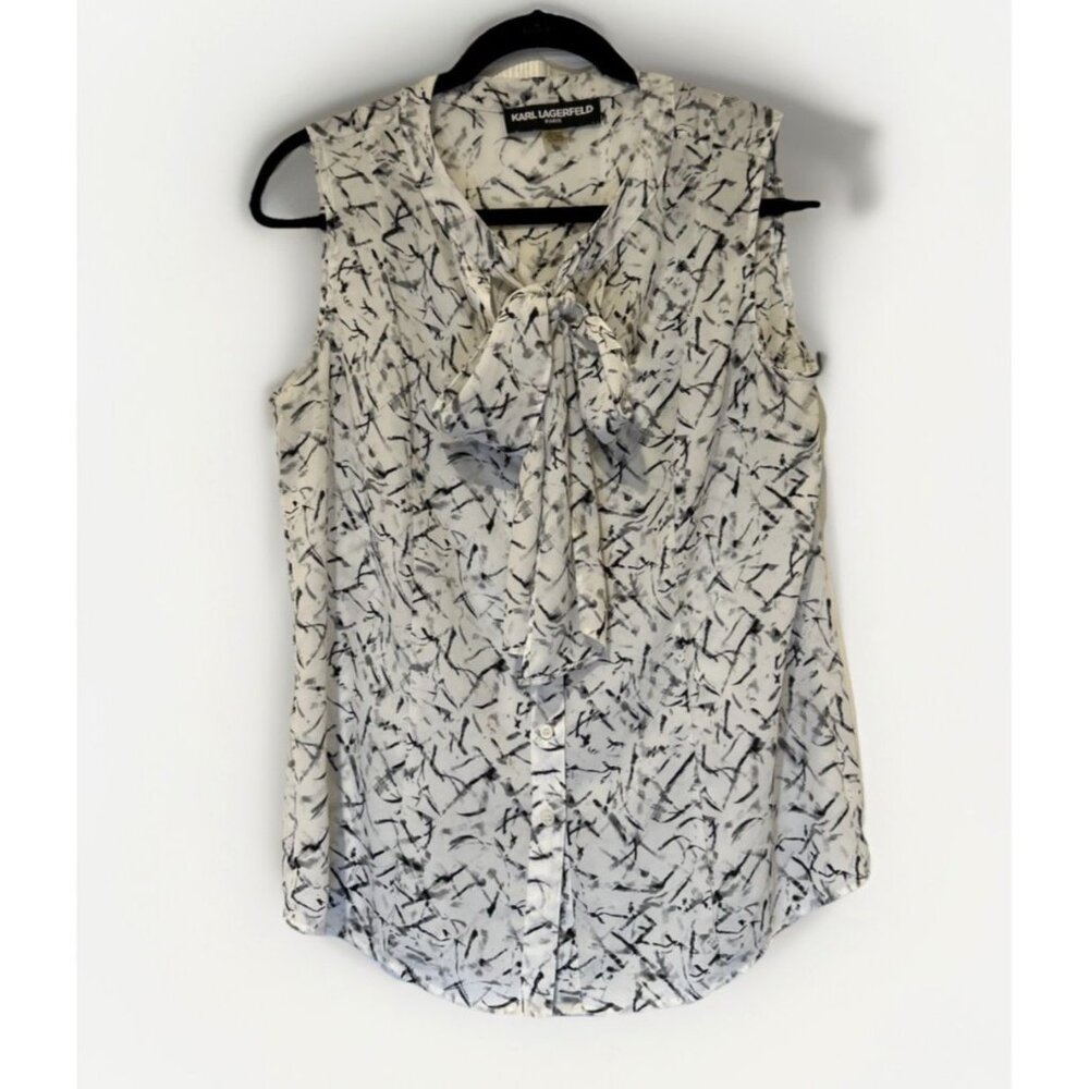 Karl Lagerfeld Cream and Black Printed Sleeveless Bow Blouse